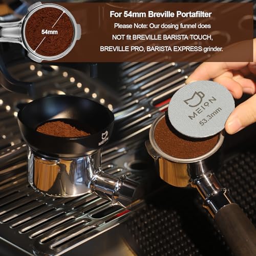 MEION 54mm Espresso Dosing Funnel and Puck Screen Set for 54mm Breville Portafilters, Magnetic Coffee Funnel, Reusable 53.3mm Espresso Puck Screen, Espresso Tools Espresso Accessories (54mm, Black)