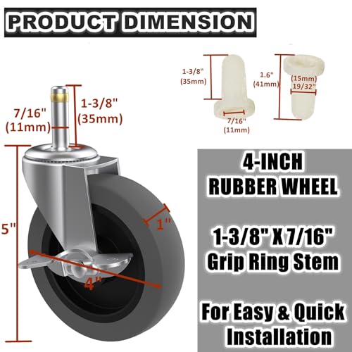 4-Inch Swivel Stem Caster for Rubbermaid Mop Bucket Utility Cart, 7/16-Inch Stem Diameter Rubber Wheel Set of 4 with Side Brake, Heavy Duty TPR Weber Grills Shop Vac Replacement Wheels