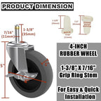 4-Inch Swivel Stem Caster for Rubbermaid Mop Bucket Utility Cart, 7/16-Inch Stem Diameter Rubber Wheel Set of 4 with Side Brake, Heavy Duty TPR Weber Grills Shop Vac Replacement Wheels