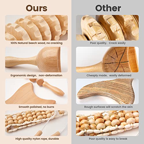 YMM 5-in-1 Wood Therapy Massage Tools for Body Shaping, Professional Lymphatic Drainage Massager, Maderoterapia Kit, Anti Cellulite Massage Roller Body Sculpting Tools Set (Utility Type)