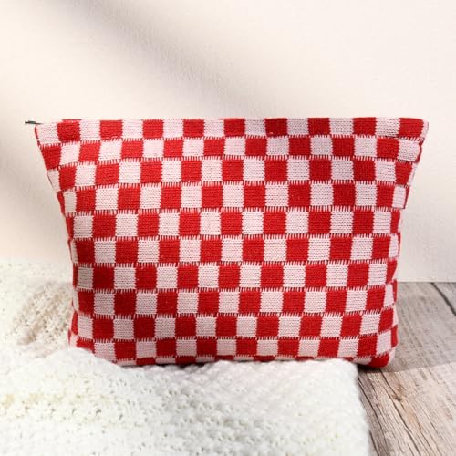 SOIDRAM 2 Pcs Checkered Makeup Bag Large Cosmetic Bag Toiletry Bag Makeup Pouch Travel Bag Organizer Cute Makeup Brushes Aesthetic Accessories Storage Bag for Women Red