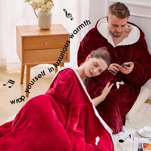 JOYWOO Wine Red Wearable Blanket Hoodie, Christmas Birthday Gifts for Mom Women Men, Oversized Hooded Blanket for Adult, Cozy Fuzzy Sherpa Sweatshirt Blanket with Giant Pocket and Zipper