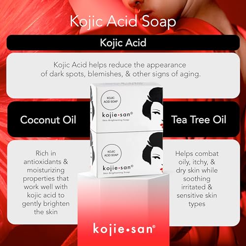 Kojie San Skin Brightening Soap - Original Kojic Acid Soap that Reduces Dark Spots, Hyperpigmentation, & Scars with Coconut & Tea Tree Oil- 135g x 4 Bars