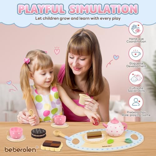 Wooden Tea Set for Little Girls Birthday Gift 2-4 Year Old Princess Toys Play Food Sets for Kids Kitchen Accessories Toddlers 3-5 Outdoor Party 1-3 Pretend Food Dessert Cookies Wood Toy
