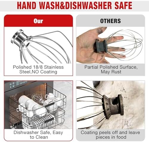 K5A Stainless Steel 6-Wire Whip Attachment for KitchenAid Bowl-Lift Mixer 5 Quart Bowl, Stainless Steel Whisk Replacement for Kitchen Aid Mixer, Dishwasher Safe, Egg Heavy Cream Beater.