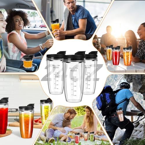 Blender Cups Replacement for Ninja, 24oz Ninja Blender Cups with To-Go Lids Compatible with Ninja BL450, BL456, BL480, BL2012, BL2013, BN401, BN751, BN801, SS101, SS151 (3 Pack)