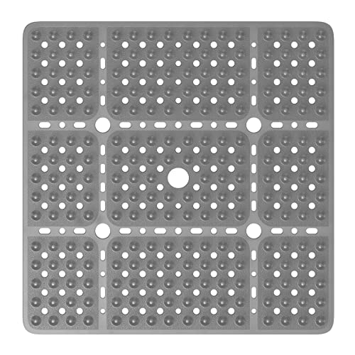 XIYUNTE Large Square Shower Mat - 27x27inch Non Slip Shower Mats for Shower Anti Slip for Elderly, Square Shower Stall Floor Mat with Powerful Suction Cup and Drain Holes, Machine Washable, Clear Grey