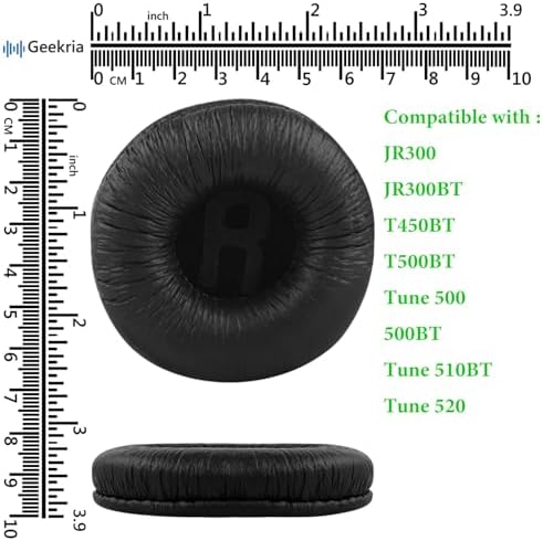Geekria QuickFit Leatherette Replacement Ear Pads for JBL JR300, JR300BT, T450BT, T500BT, Tune 500, Tune 500BT, Tune 510BT, Tune 520 Headphones Ear Cushions, Headset Earpads (Black)