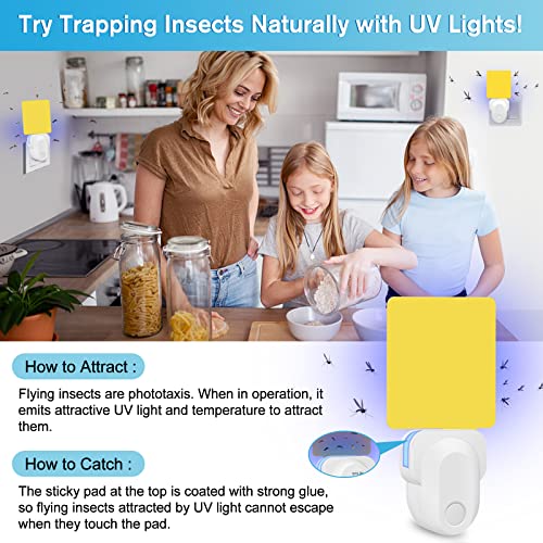 Flying Insect Trap Plug-in, 2023 Upgrade Bug Catcher Mosquito Fruit Fly Trap Gnat Killer Indoor, Safe Non-Toxic UV Bug Night Light Fly Trap with Sticky Pad for Flies, Gnats, Moths (4 Pack, White)
