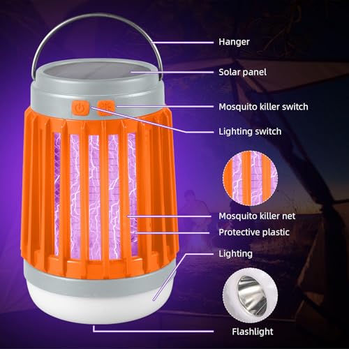 2 Pcs Solar Bug Zapper Outdoor Waterproof Mosquito Repellent for Patio Camping, 3 in 1 Cordless Mosquito Zapper Light Portable Small Gnat Zapper - Camping Light, Mosquito Killer, Flashlight (Orange)