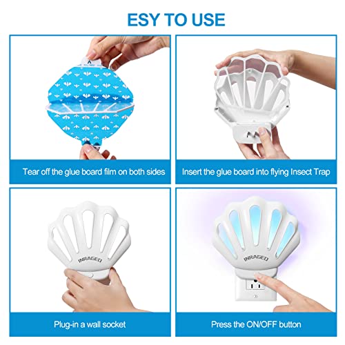 INRAGEO Flying Insect Trap HU002 Plug-in Fly Trap Indoor, Electric Bug Killer Indoor Gnat Catcher Fly Tapper with Night Light UV Attractant Catcher for Bedroom, Kitchen, Office (2 Pack, White)