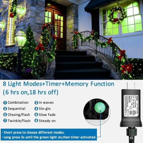 YEGUO Green Christmas Lights, 500 LED String Lights Outdoor Waterproof, 8 Modes 165ft Christmas Lights Plug in