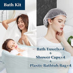 Extguds Disposable Travel Set : Bed Sheet×2+Duvet Cover×2+Pillow case×4+Bath Towels×4+Shower Caps×4+Plastic Bathtub Bag×4+Toilet Seat Covers×4+Compression face Towel×16+Toothbrushes×4+Slippers×4