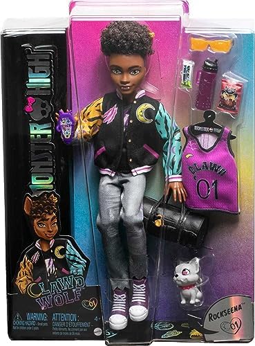 Monster High Doll, Clawd Wolf Werewolf with Pet Gargoyle Bulldog & Themed Accessories, Includes Casketball Jersey & Bag