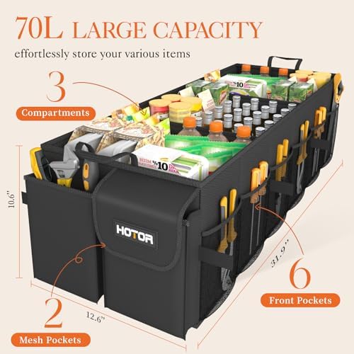 HOTOR Trunk Organizer for Car - Car Organizer, Foldable Trunk organizer for SUVs & Sedans, Sturdy Car Organization for Car Accessories, Tools, Sundries, Black, 3 Compartments, 31.9"×12.6"×10.6"