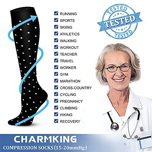 CHARMKING Compression Socks for Women & Men (8 Pairs) 15-20 mmHg Graduated Copper Support Socks are Best for Pregnant, Nurses - Boost Performance, Circulation, Knee High & Wide Calf (L/XL, Multi 41)