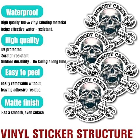 Pack 4PCS Nobody Cares Work Harder Stickers Skull Mechanic Engineer Waterproof Vinyl Decals Decor Water Bottle Laptop Phone Tumbler Hard Hat Helmet Toolbox Window Car Truck Gift