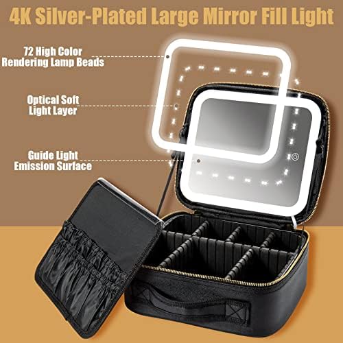Makeup Travel Bag with LED Lighted Mirror Adjustable Brightness Portable Waterproof Makeup Case with Adjustable Dividers, Make up Train Case Organizer Makeup Brush Accessories and Tool Case