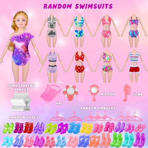 79 Pcs Doll Clothes and Accessories with Doll, Princess Gowns, Fashion Dresses, Slip Dresses, Top, Pants, Jumpsuit, Swimsuits, Shoes, Hangers, Doll Dress up Toys for Girls Kids Toddlers Toy Gifts