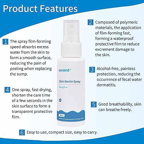 ovand 30ml Ostomy Skin Barrier Spray, No-Alcohol No-Sting Ostomy Care Skin Barrier Spray Colostomy Supplies Accessories (2 Bottle)