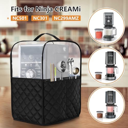 LUXJA Transparent Top Dust Cover Compatible with Ninja CREAMi NC501, NC301, NC299AMZ, Ice Cream Maker Dust Cover Fits Ninja Ice Cream Maker Machine with Accessories Pockets, Black
