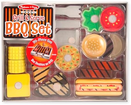 Melissa & Doug Grill and Serve BBQ Set (20 pcs) - Wooden Play Food and Accessories