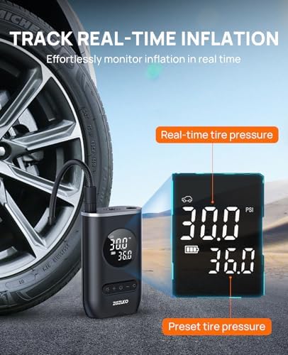 Tire Inflator Portable Air Compressor-ZGZUXO 150PSI Cordless Air Pump for Car Tires with Pressure Gauge LED Light, Electric Bike Tire Pump for Car Motorcycle Bicycle Ball, Bike Accessories