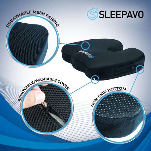 Sleepavo Office Chair Cushion - Seat Cushion for Tailbone Pain Relief - Butt Pillow for Coccyx, Sciatica, and Lower Back Pain - Orthopedic Chair Pad for Lumbar Support in Office Desk, Car, Airplane