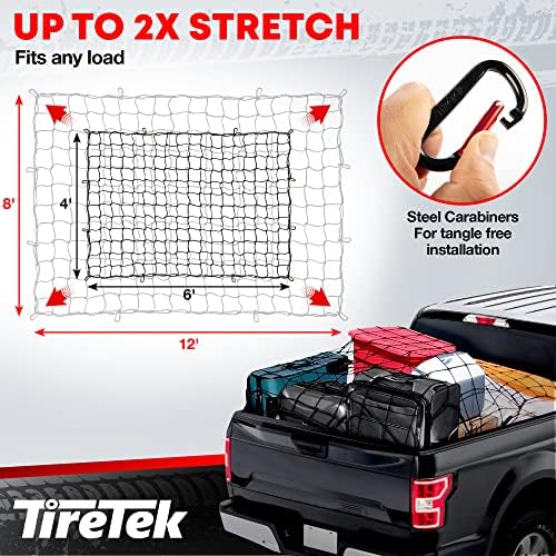 TIRETEK Cargo Net Truck Accessories for Men, Heavy-Duty Pickup Truck Bed Netting 4' x 6' Stretches to 8' x 12', 12 Metal Carabiners, Bungee Mesh Accessory with Strap Hooks for SUV, Trailer Tarp