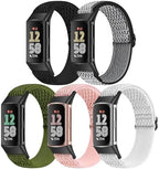 5 Pack Elastic Nylon Watch Bands Compatible for Fitbit Charge 6/Fitbit Charge 5, Adjustable Breathable Replacement Stretchy Nylon Loop Wristband Sport Strap for Women Men