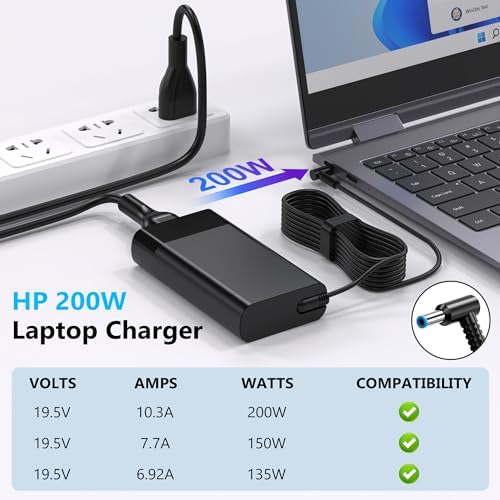 200W 10.3A AC Adapter Laptop Charger Replacement for HP Omen 15 17 Pavilion HP Zbook 15 17 Gaming 15 17 Envy 15 2020 TPN-DA10 ADP-200HB B TPN-LA21 TPN-LA20 L00818-850 L73385-001 L00895-003 Power Cord