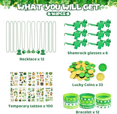163Pcs St. Patrick's Day Accessories Party Favor Set, Tattoo Stickers, Necklaces, Bracelets, Shamrock Glasses, lucky Coins for Irish Party Supplies