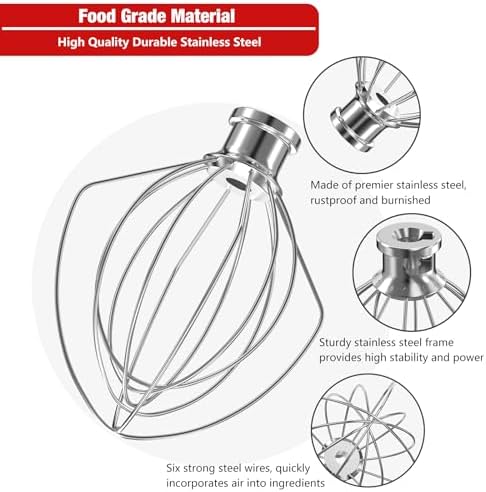 K5A Stainless Steel 6-Wire Whip Attachment for KitchenAid Bowl-Lift Mixer 5 Quart Bowl, Stainless Steel Whisk Replacement for Kitchen Aid Mixer, Dishwasher Safe, Egg Heavy Cream Beater.