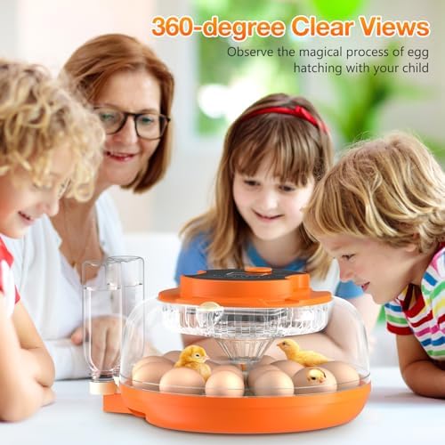 18 Egg Incubator with Automatic Egg Turning and Humidity Control, 360° View Incubators for Hatching Eggs, Incubator for Chicken Eggs, Ducks, Goose, Pigeon, Quail, Parrot Eggs (Orange)