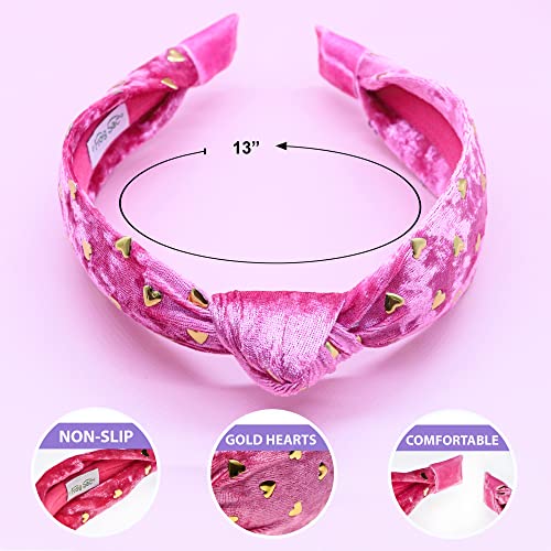 FROG SAC Pink Heart Headband for Girls, Studded Knotted Valentines Day Headbands for Kids, Cute Stud Knot Vday Head Bands, Little Girl Velvet Hair Accessories, Fashion Hair Bands for Children