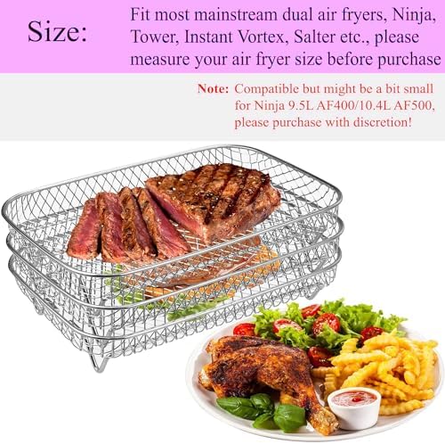 Air Fryer Rack Accessories for Ninja Basket, 3 Layers, 304 Stainless Steel Stackable Bacon Air Fryer Accessories for Ninja AF300UK, Salter/Instant/EMtronics Double Drawer, with Clip