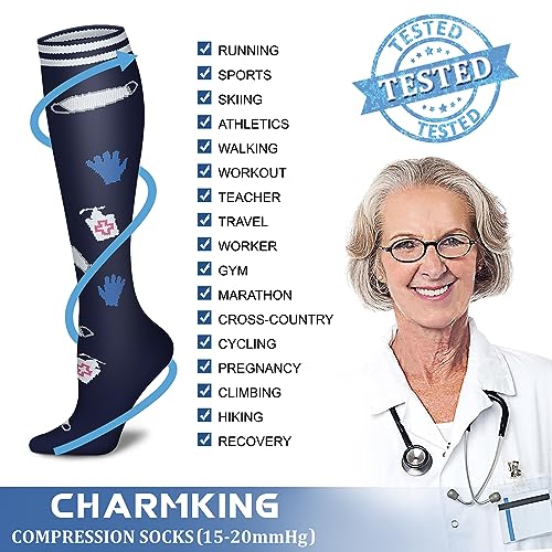 CHARMKING Compression Socks for Women & Men (8 Pairs) 15-20 mmHg Graduated Copper Support Socks are Best for Pregnant, Nurses - Boost Performance, Circulation, Knee High & Wide Calf (S/M, Multi 53)
