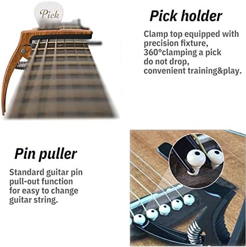 3in1 Guitar Capo for Acoustic and Electric Guitars,2 Pack(with Pick Holder and 6 Picks),Ukulele,Strings Accessories (Black&Wood)