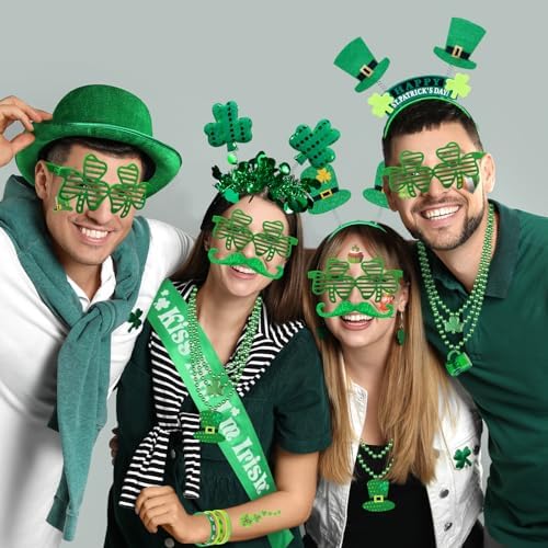 180Pcs St. Patrick's Day Accessories Party Favor Set, Tattoo Stickers, Necklaces, Bracelets, Shamrock Glasses, Headbands, Mustaches, Coins and Kiss Me I'm Irish Sash for Irish Party Supplies