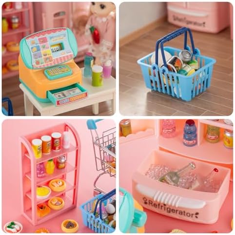 164Pcs Mini Shopping Cart Basket Miniature Food Drink Toy Supermarket Metal Handcart Trolley DollHouse Store Grocery Accessories Kitchen Play Game Party Model Shelves Cash Register Refrigerator Fridge