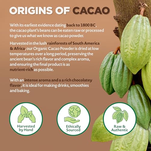 NaturaleBio Organic Cacao Powder 35oz, Cocoa Powder Unsweetened, Natural and Pure - Produced from Raw Cacao Beans. Source of Magnesium, Manganese and Phosphorus
