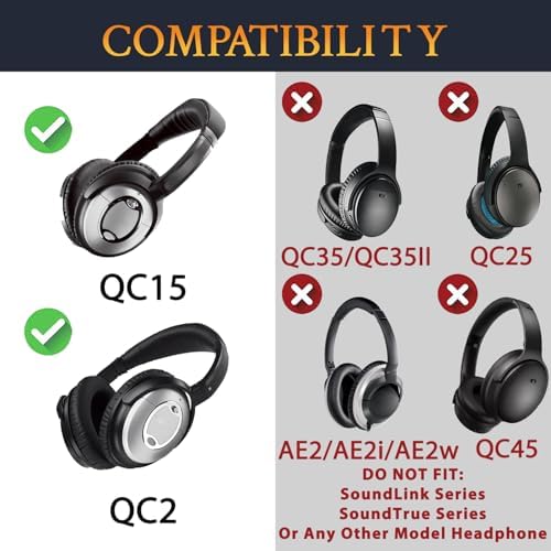 SOULWIT Ear Pads Cushions + Headband + Silicone Earpads Cover Protector, Replacement Kit for Bose QuietComfort 15(QC15)/QuietComfort 2(QC 2) Over-Ear Headphones - Black