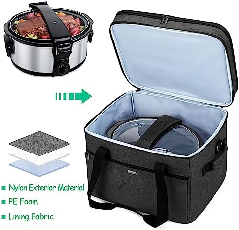 YARWO Large Slow Cooker Travel Bag Compatible with Crock-Pot/Hamilton Beach 8-10 Quart, Double Layers Slow Cooker Carrier Case for Kitchen Appliance and Accessories, Upgraded Version, Black (Bag Only)