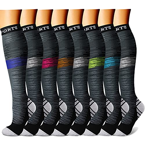 CHARMKING Compression Socks for Women & Men (8 Pairs) 15-20 mmHg Graduated Copper Support Socks are Best for Pregnant, Nurses - Boost Performance, Circulation, Knee High & Wide Calf (S/M, Multi 19)