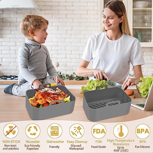 10QT Air Fryer Silicone Liners, 2Pcs Rectangular Airfryer Silicone Pot Baking Tray for Ninja Dual DZ401/DZ550 Reusable Replacement Basket Insert with Magnetic Cheat Sheet (2 Pcs Grey)
