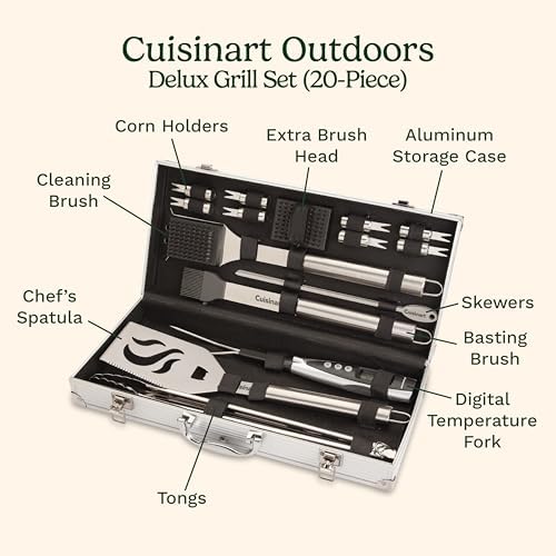 Cuisinart Deluxe Grill Tool Set, 20-Piece BBQ Kit with Aluminum Case and Digital Temperature Fork, Spatula, Tongs, Grill Accessories and Utensils, Grilling Set for Cookout