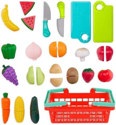 Battat – Play Food Toys for Kids – Food Set with Cutting Boards and Accessories – Farmers Market Produce Basket – Toddler Pretend Fruit – 2 Years + – Farmers Market Produce Basket (37 Pieces)