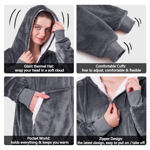 JOYWOO Wearable Blanket Hoodie, Birthday Christmas Gifts for Women Men Mom, Oversized Hooded Blanket for Adult, Cozy Fuzzy Sherpa Sweatshirt Blanket with Giant Pocket Zipper and Winter Gifts, Grey