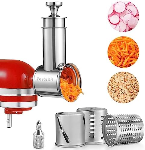 Large Stainless Steel Slicer Shredder Attachment for KitchenAid Mixers, Dishwasher Safe Salad Maker, Cheese Grater Accessories with 3 Blades & 1 Knob Thumb Screw