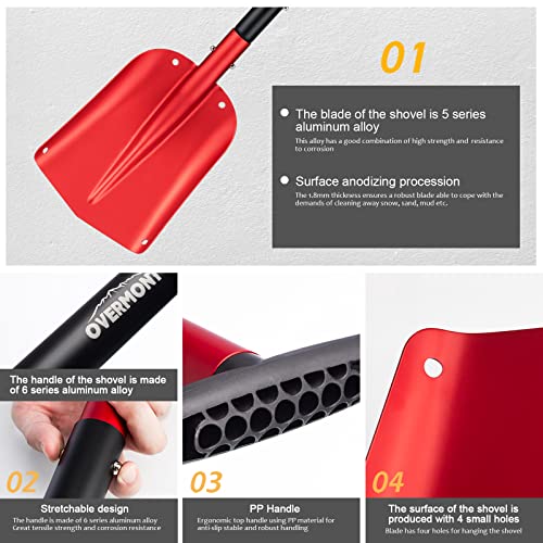 Overmont Collapsible Snow Shovel Aluminum - Lightweight Snow Utility with Ice Scraper and Carrying Bag Sizes 32 and 42 Inch